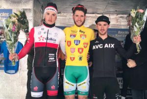 Il podio della seconda tappa della Boucles du Haut-Var 2018 vinta da Filippo Tagliani