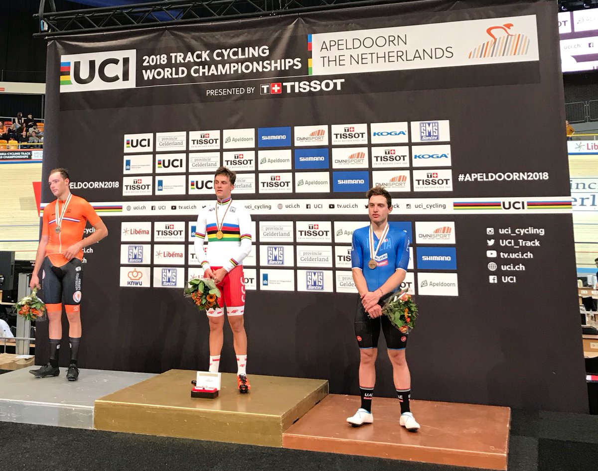 Il podio del Mondiale Omnium maschile di Apeldoorn