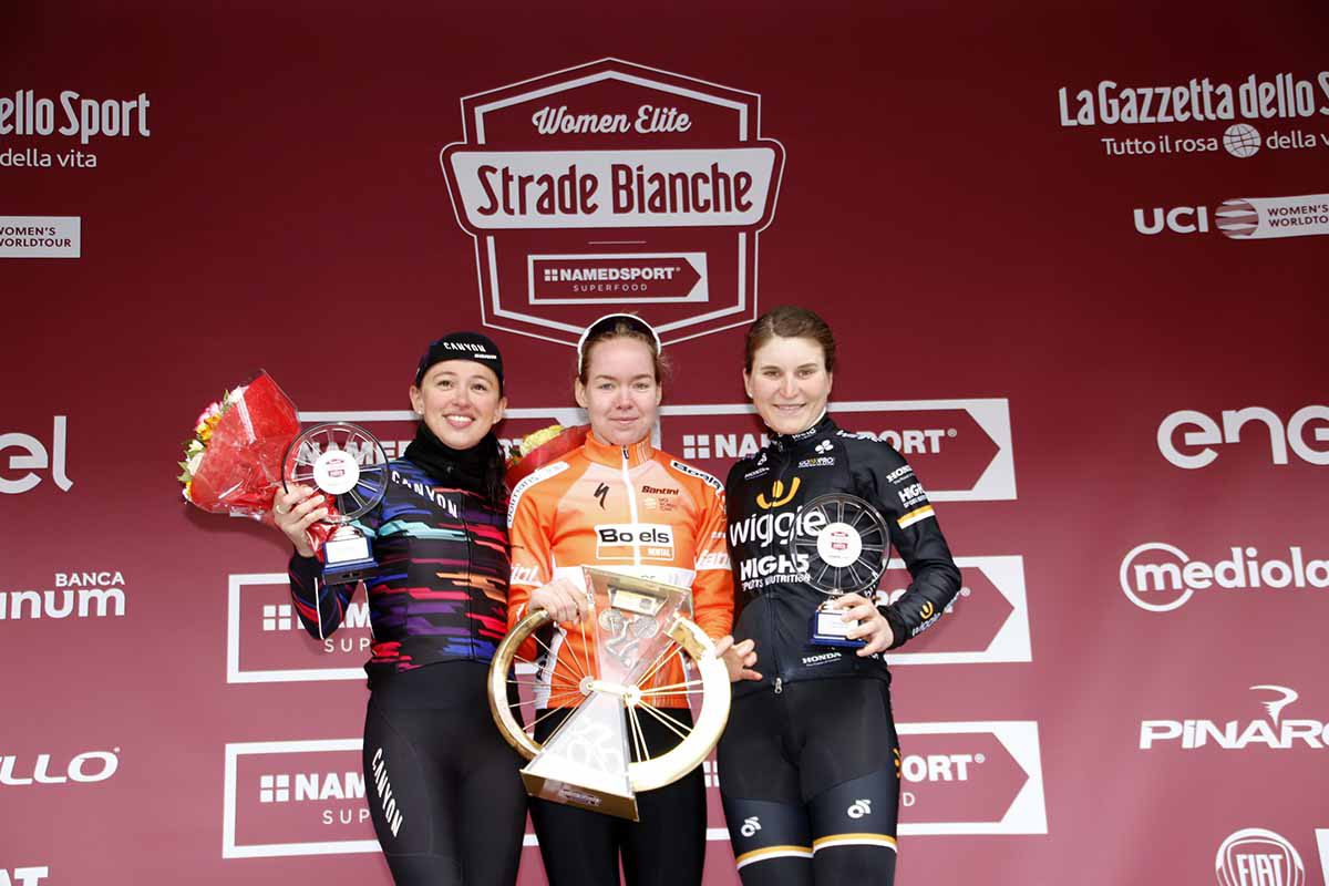 Il podio della Strade Bianche femminile 2018