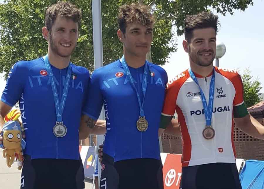 Il podio della prova in linea dei Giochi del Mediterraneo Tarragona 2018: oro per Jalel Duranti e argento di Filippo Tagliani