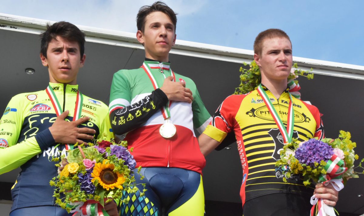 Il podio del Campionato Italiano a cronometro Juniores 2018 vinto da Andrea Piccolo
