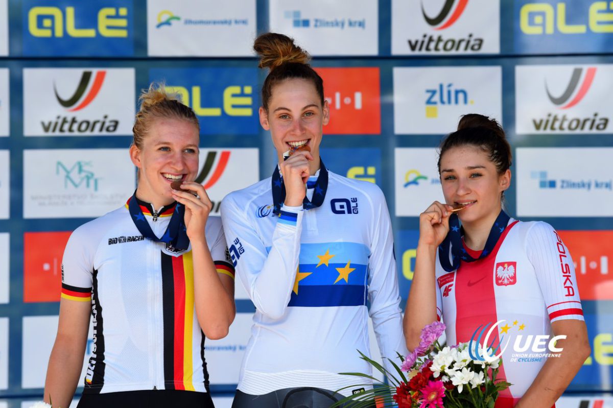 Il podio dei Campionati Europei crono Donne Junior 2018 vinti da Vittoria Guazzini