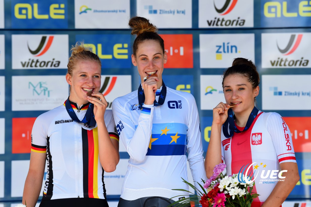 Il podio dei Campionati Europei crono Donne Junior 2018 vinti da Vittoria Guazzini