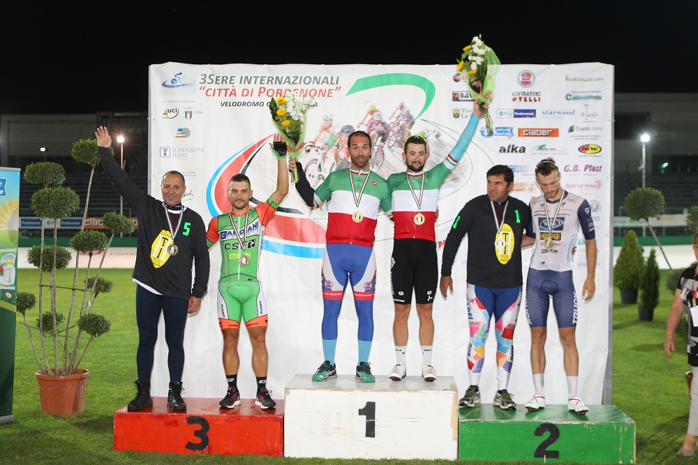 Il podio del Campionato Italiano Derny 2018 vinto da Riccardo Minali a Pordenone
