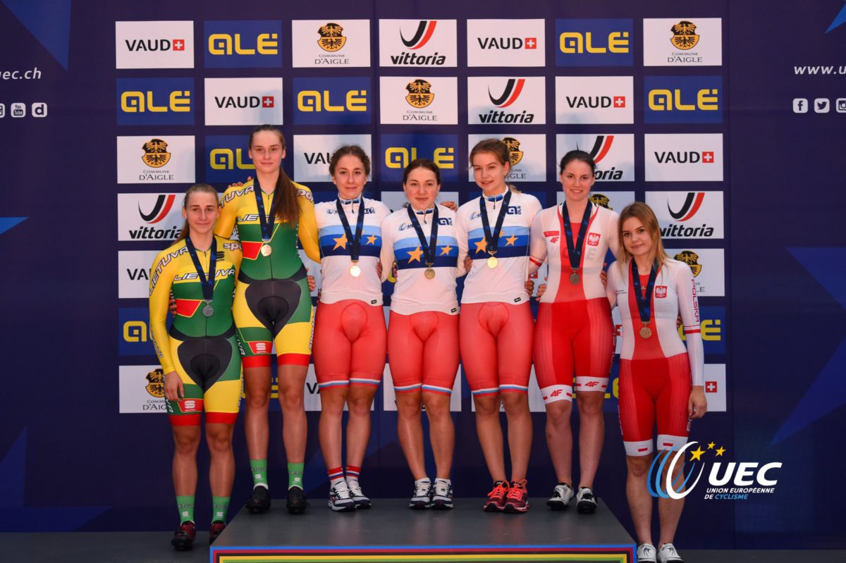 Il podio dei Campionati Europei Velocità a squadre Donne Junior