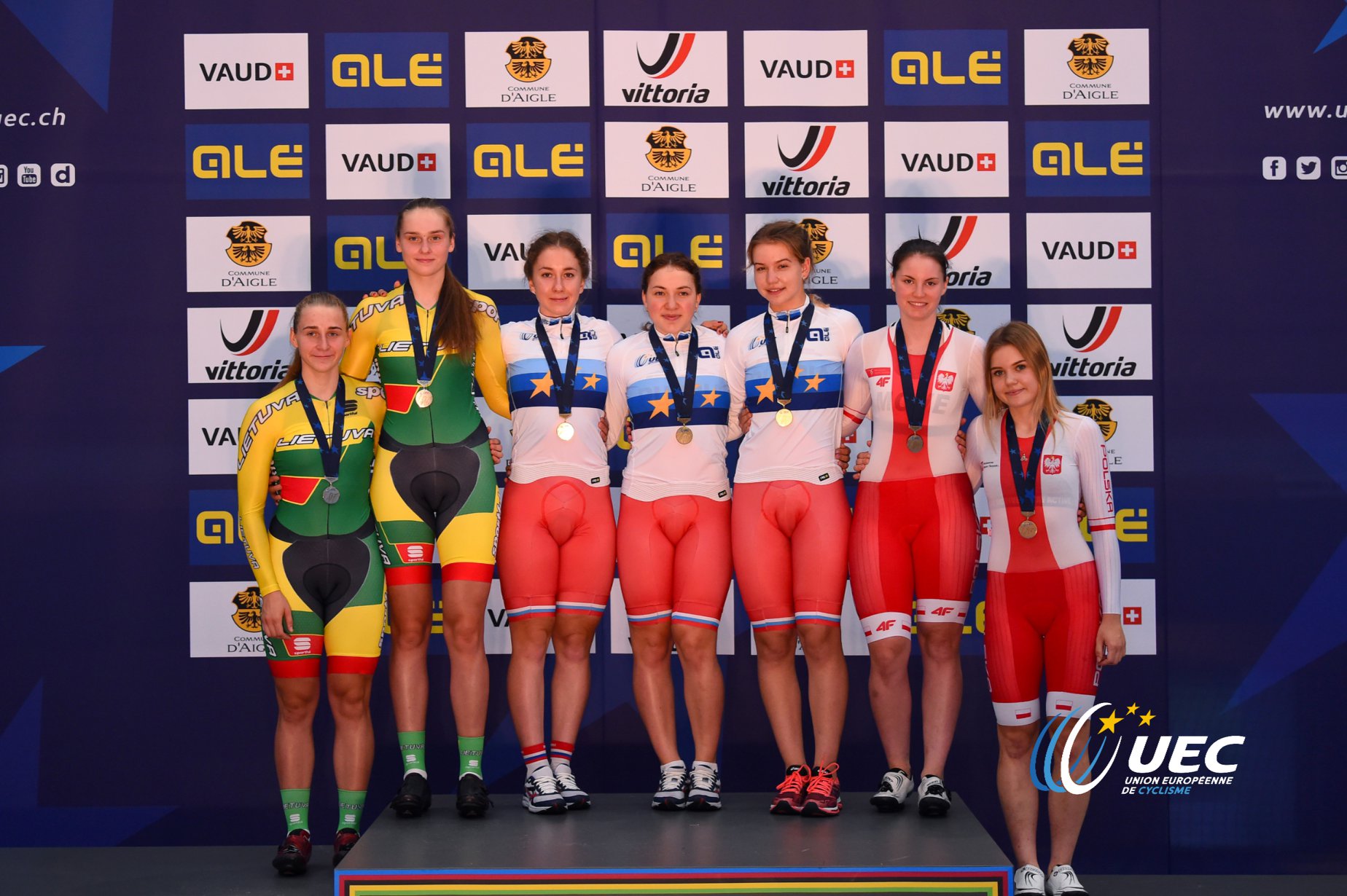 Il podio dei Campionati Europei Velocità a squadre Donne Junior