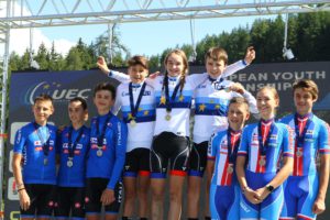 Il podio del Team Relay U15 degli Europei Giovanili MTB di Pila