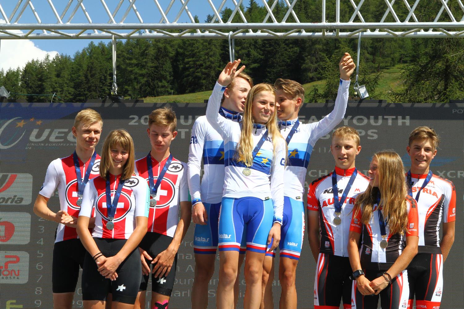 Il podio del Team Relay U17 degli Europei Giovanili MTB di Pila