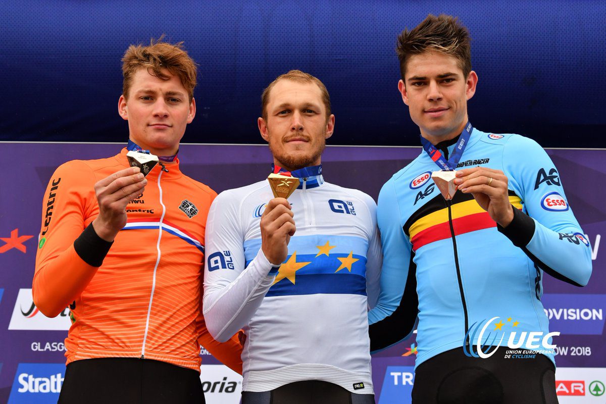 Il podio dei Campionati Europei strada di Glasgow vinti da Matteo Trentin