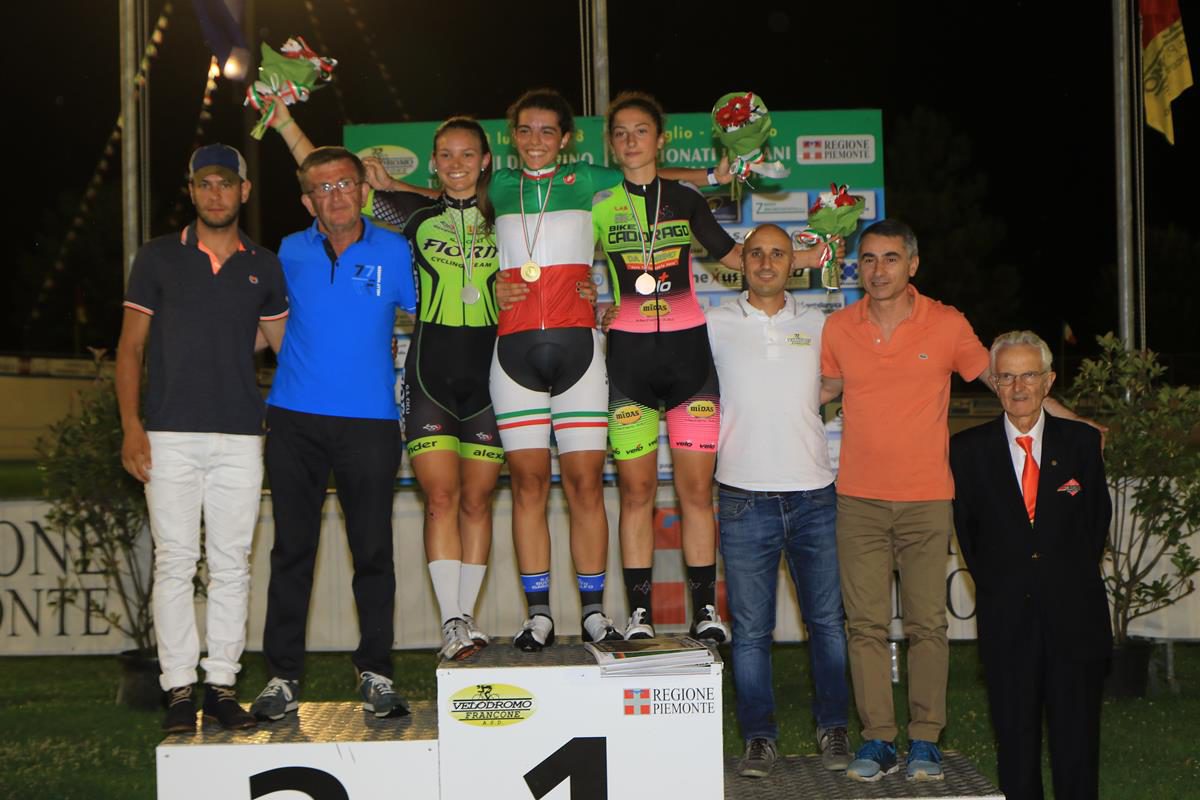 Il podio del Campionato Italiano Corsa a punti Donne Allieve vinto da Aurora Mantovani