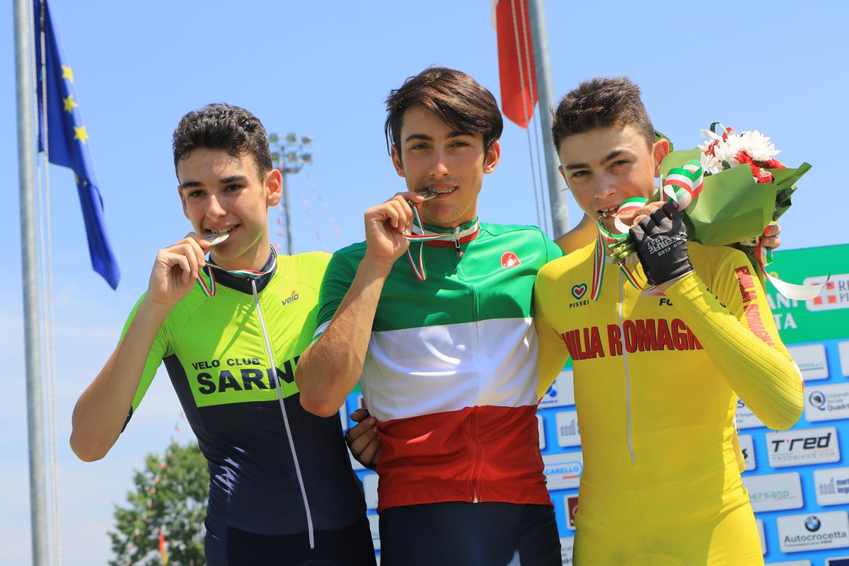 Il podio del Campionato Italiano Corsa a punti Allievi vinto da Gregorio Butteroni