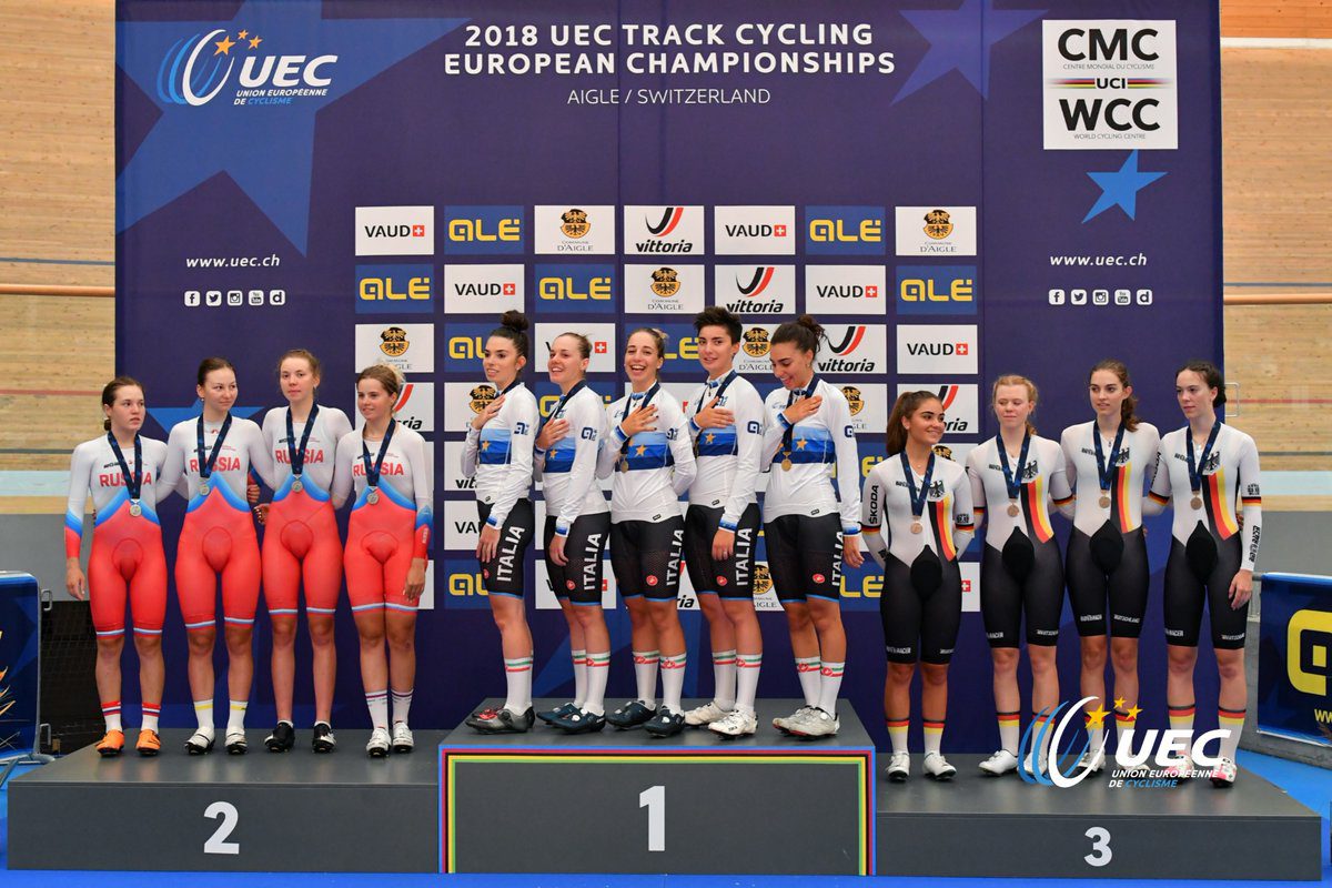 Il podio dei Campionati Europei Inseguimento a squadre Donne Junior