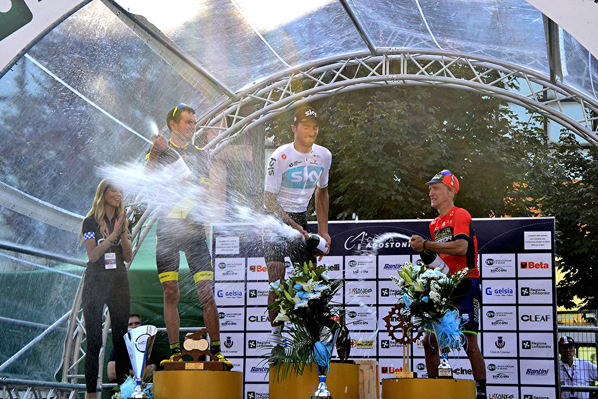 Gianni Moscon festeggia la vittoria alla Coppa Agostoni 2018