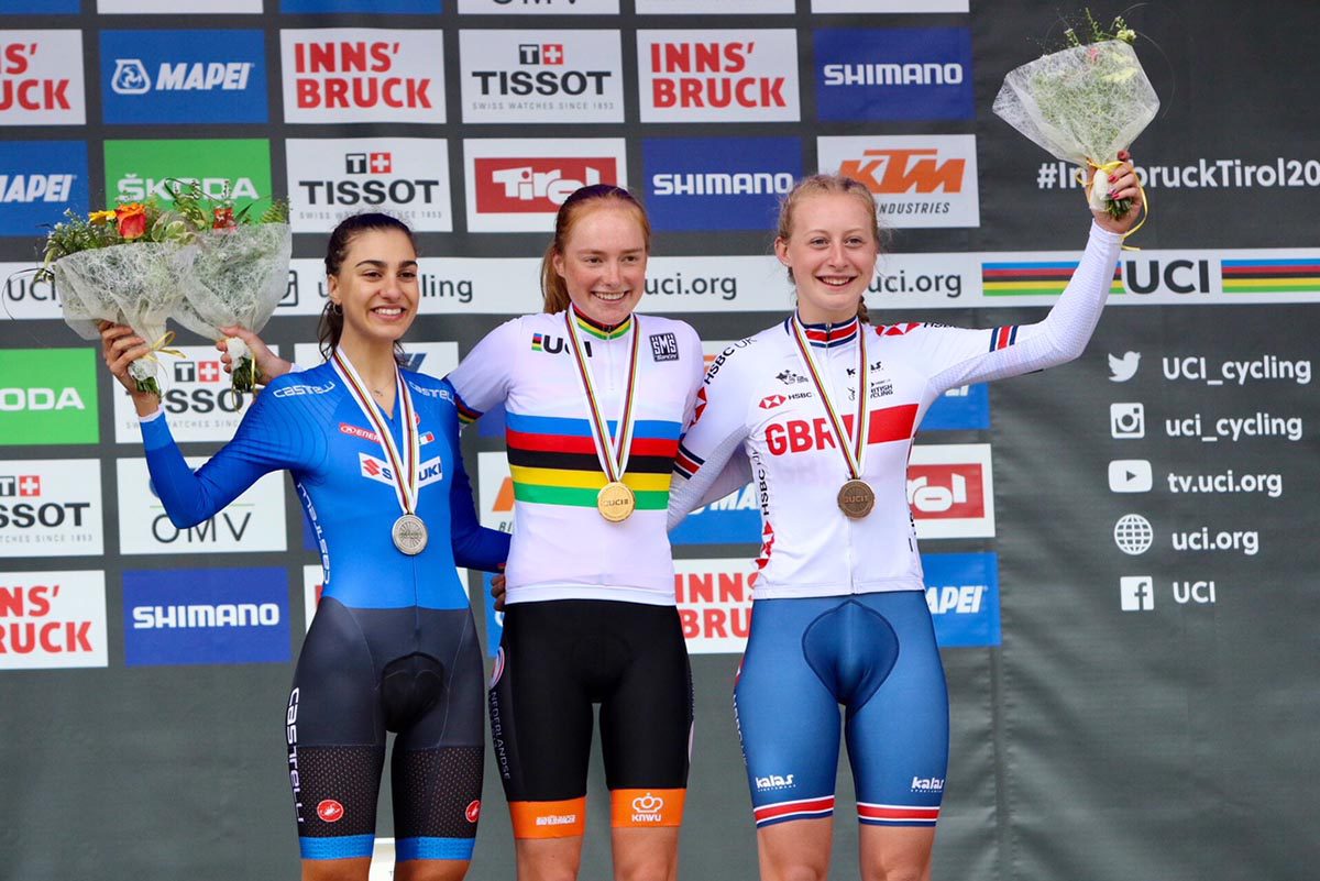 Il podio del Campionato del Mondo a cronometro Donne Junior Innsbruck 2018