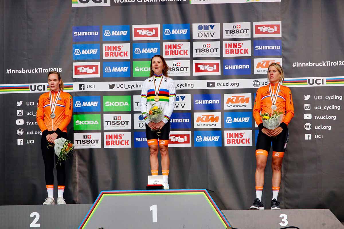 Il podio del Campionato del Mondo a cronometro Donne Elite di Innsbruck 2018