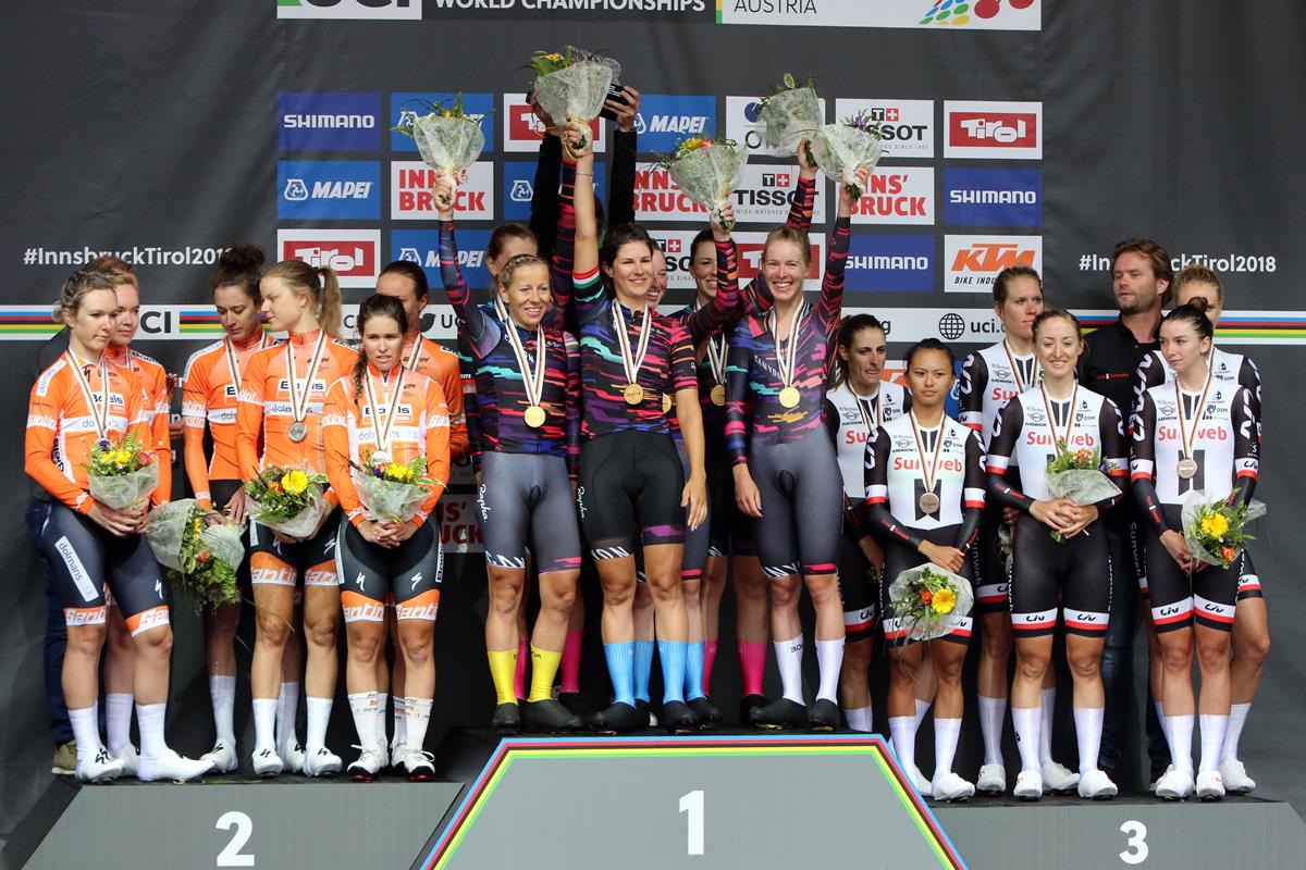 Il podio del Mondiale cronosquadre Donne Elite di Innsbruck 2018
