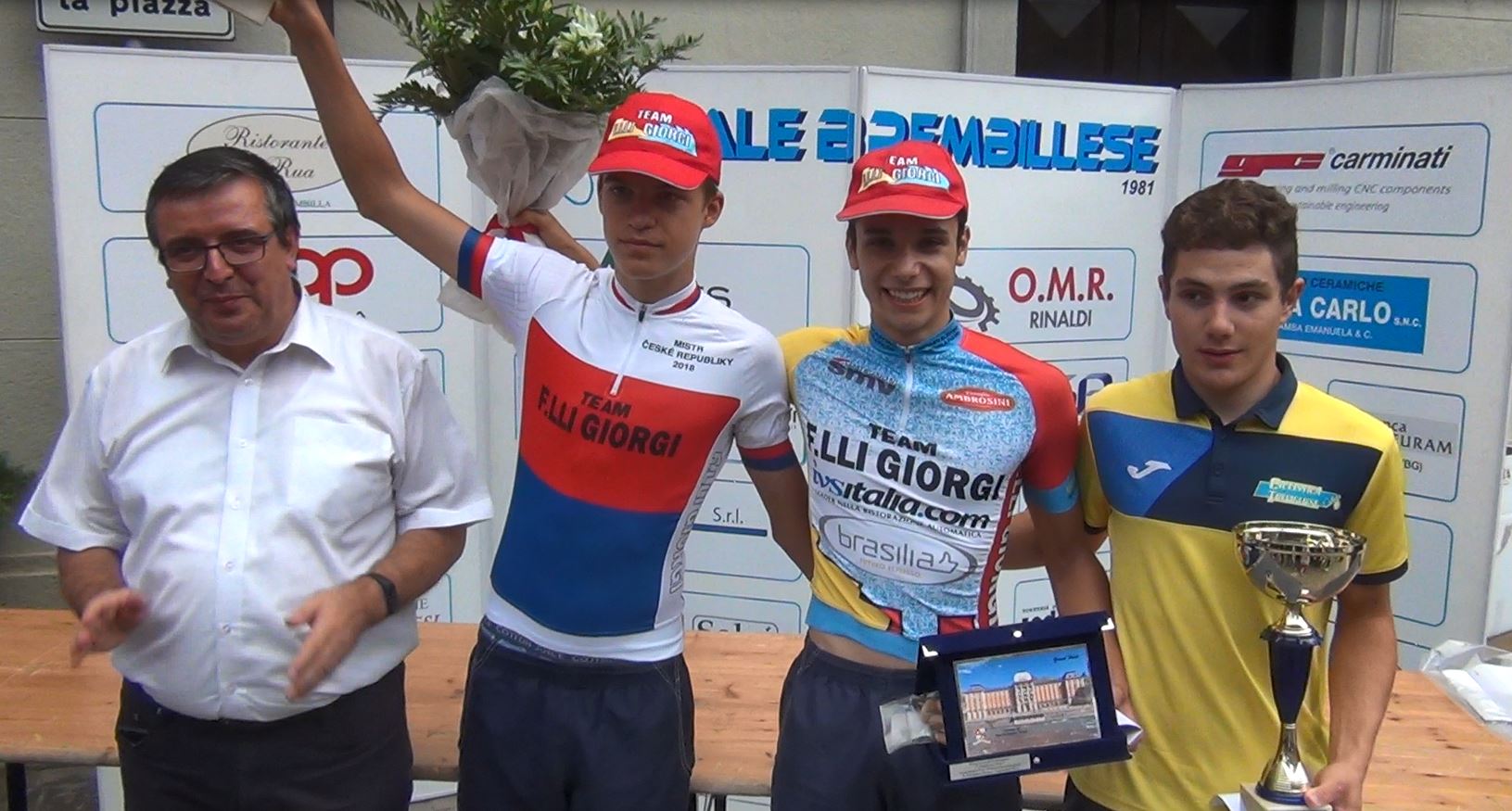 Il podio Allievi della cronometro di San Pellegrino Terme vinta da Andrea D'Amato