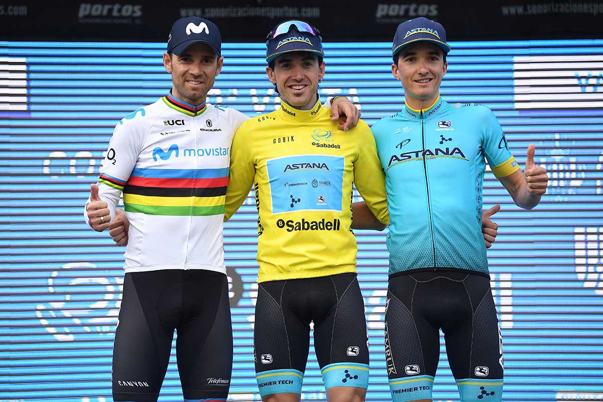 Il podio finale della Volta Valenciana 2019 con Alejandro Valverde, Ion Izaguirre e Pello Bilbao