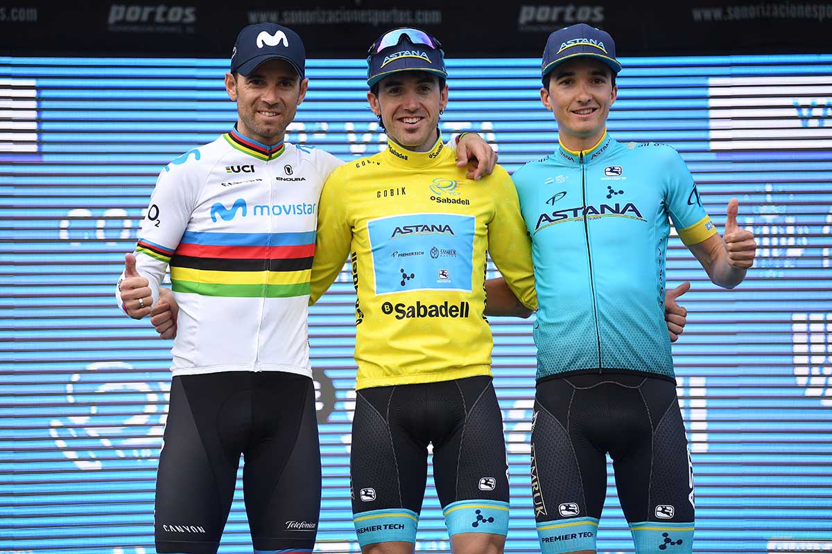 Il podio finale della Volta Valenciana 2019 con Alejandro Valverde, Ion Izaguirre e Pello Bilbao