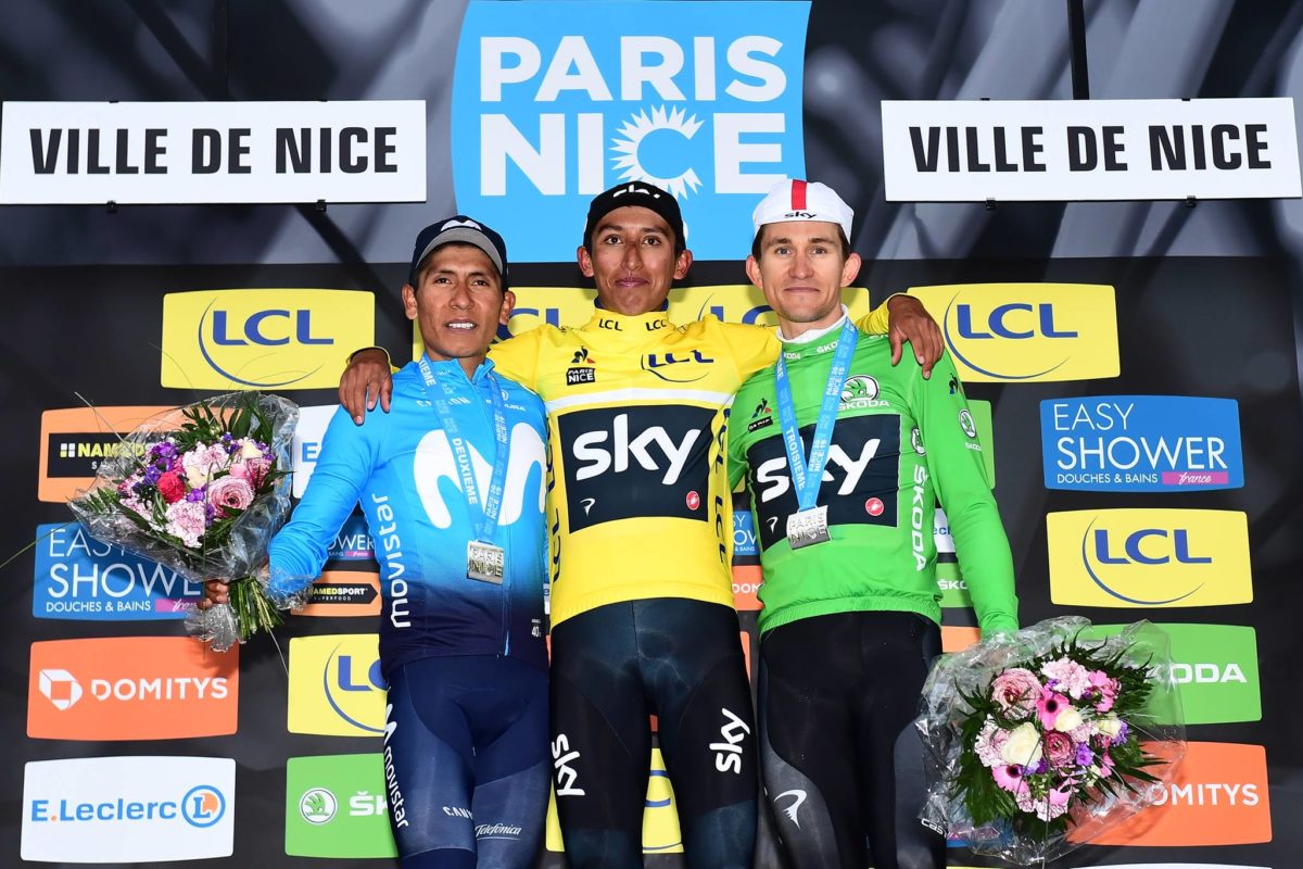 Il podio finale della Parigi-Nizza 2019 vinta da Egan Bernal (foto A.S.O.)