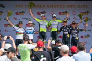 Il podio della quinta tappa della Cape Epic (foto Greg Beadle/Cape Epic podio)