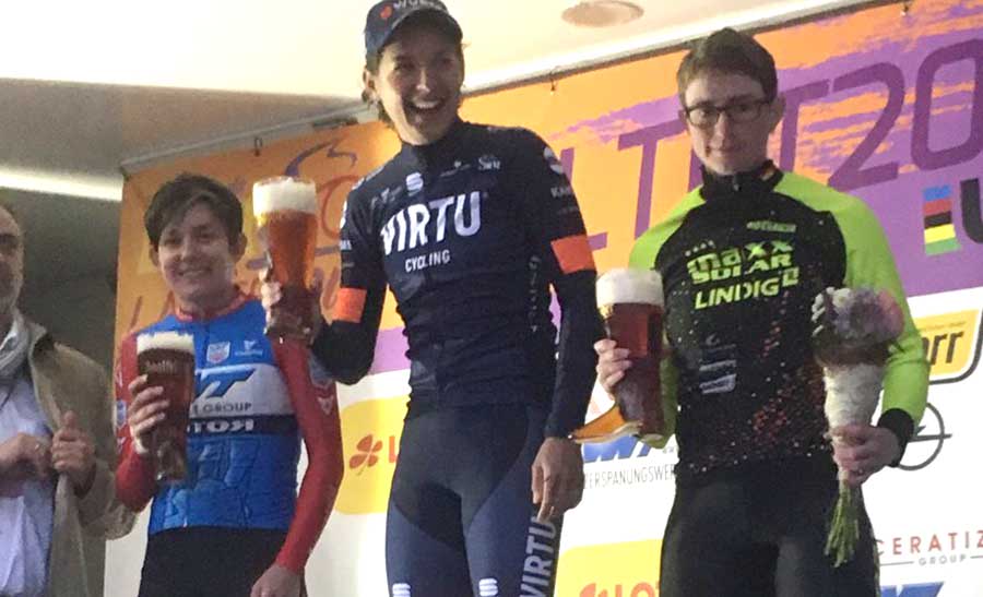 Il podio della prima tappa del Lotto Thüringen Ladies Tour vinta da Barbara Guarischi