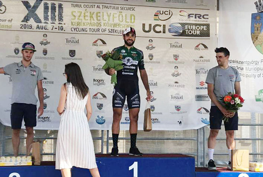 Il podio della prima tappa del Cycling Tour of Szeklerland vinta da Bobbo