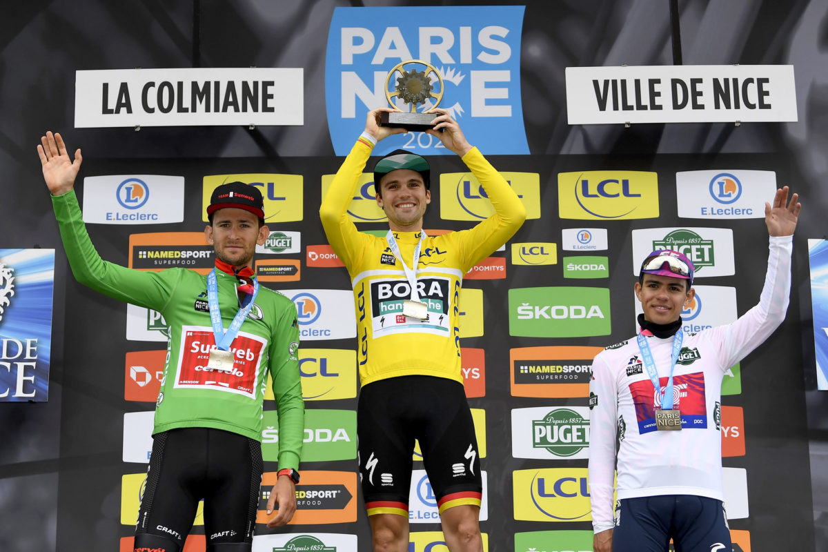 Il podio finale della Parigi-Nizza 2020 vinta da Max Schachmann (foto BettiniPhoto)
