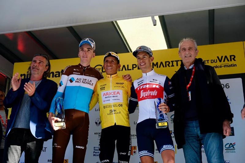 Il podio finale del Tour des Alpes Maritimes et du Var 2020 vinto da Nairo Quintana