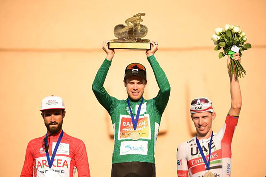 Il podio finale del Saudi Tour 2020 vinto da Phil Bauhaus (foto A.S.O. - Pauline Ballet)