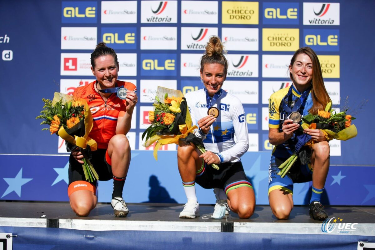 Il podio del Campionato Europeo XCO Donne Elite 2020 (foto UEC/Michele Mondini)