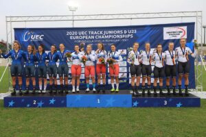 Il podio del Campionato Europeo Inseguimento a squadre Donne Junior 2020 (foto Fabiano Ghilardi)