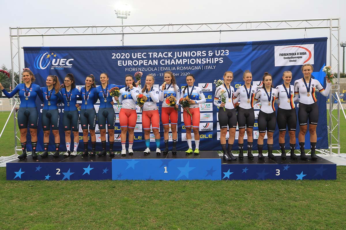 Il podio del Campionato Europeo Inseguimento a squadre Donne Junior 2020 (foto Fabiano Ghilardi)