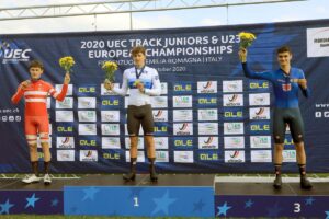 Il podio dell'Europeo Inseguimento Juniores (foto Fabiano Ghilardi)