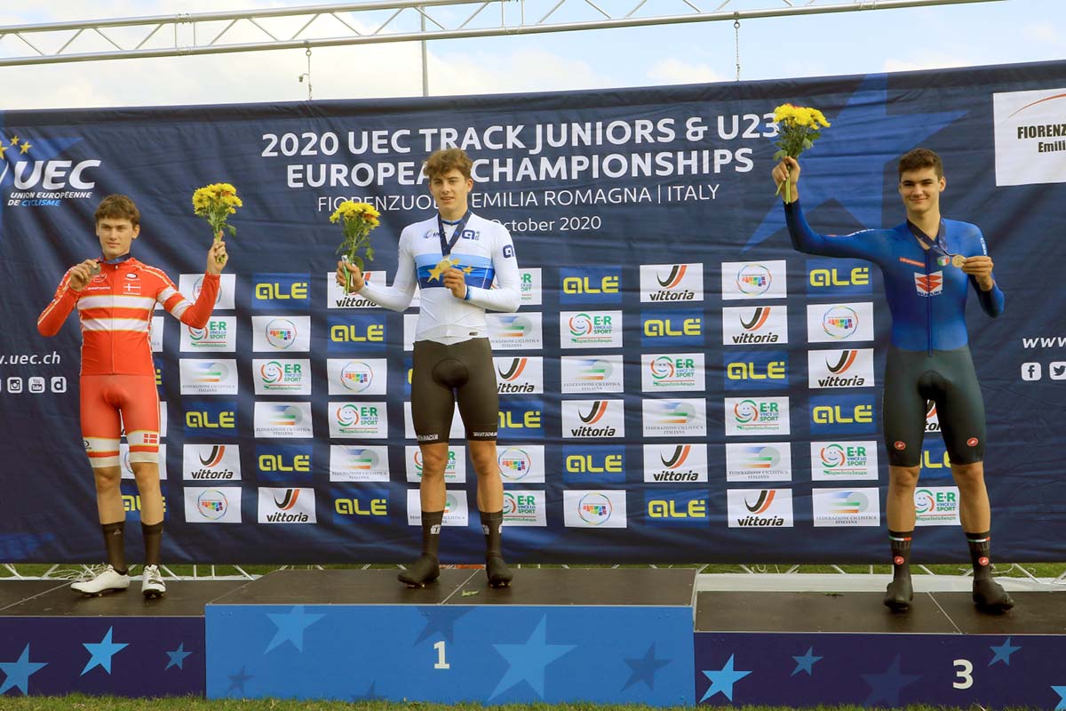Il podio dell'Europeo Inseguimento Juniores (foto Fabiano Ghilardi)