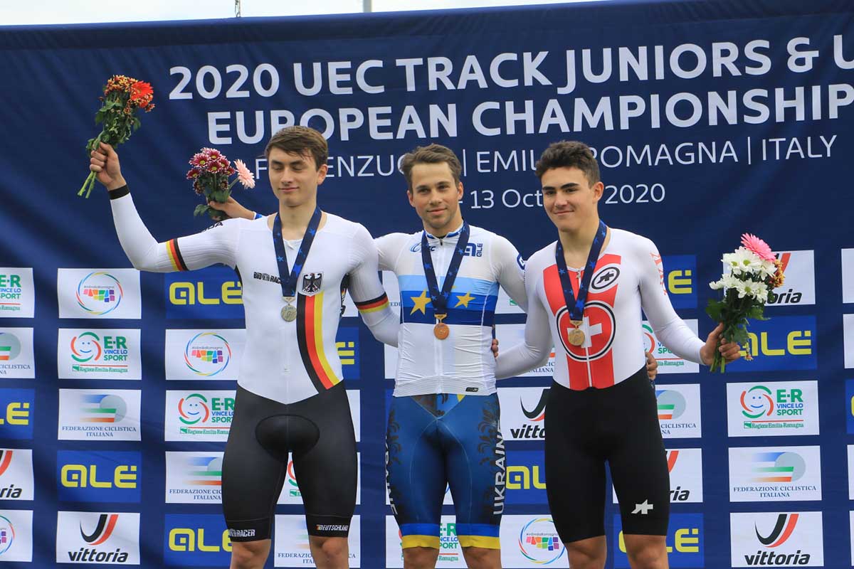 Il podio dell'Europeo Keirin Juniores a Fiorenzuola (foto Fabiano Ghilardi)