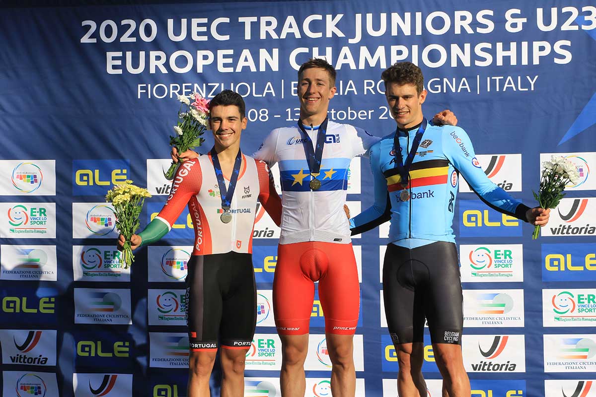 Il podio dell'Europeo Scratch Under 23 a Fiorenzuola (foto Fabiano Ghilardi)