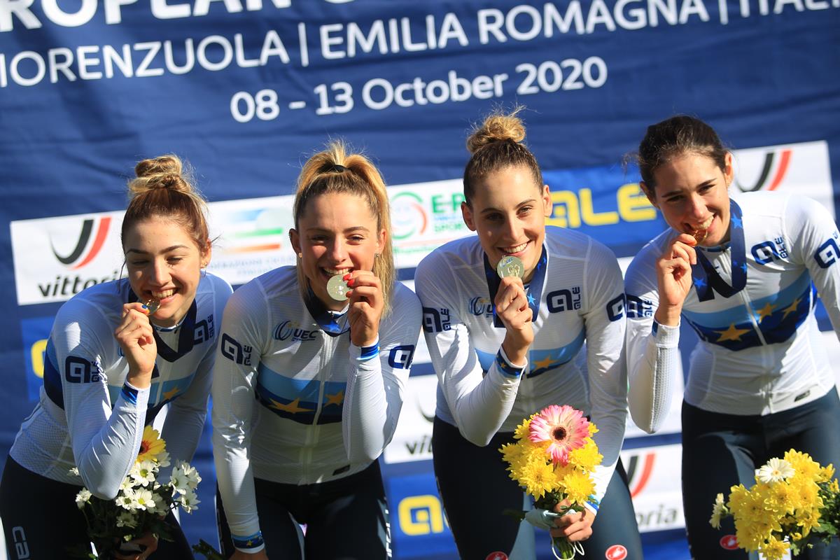 Le azzurre Under 23 vincono il Campionato Europeo dell'Inseguimento a squadre a Fiorenzuola (foto Fabiano Ghilardi)