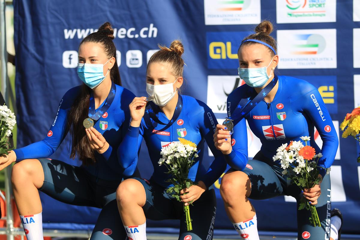 Sara Fiorin, Valentina Basilico e Gaia Tormena argento europeo a Fiorenzuola nella Velocità a squadre (foto Fabiano Ghilardi)