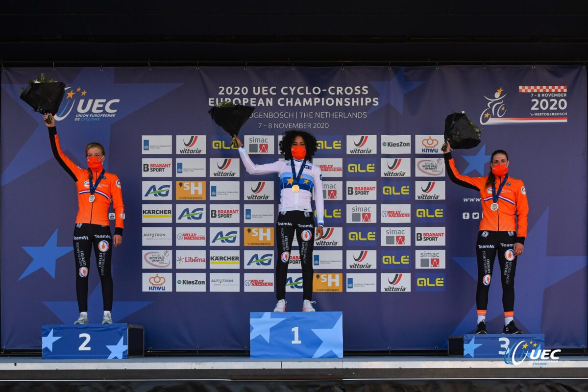Il podio del Campionato Europeo Ciclocross Donne Elite 2020 (foto UEC/BettiniPhoto)