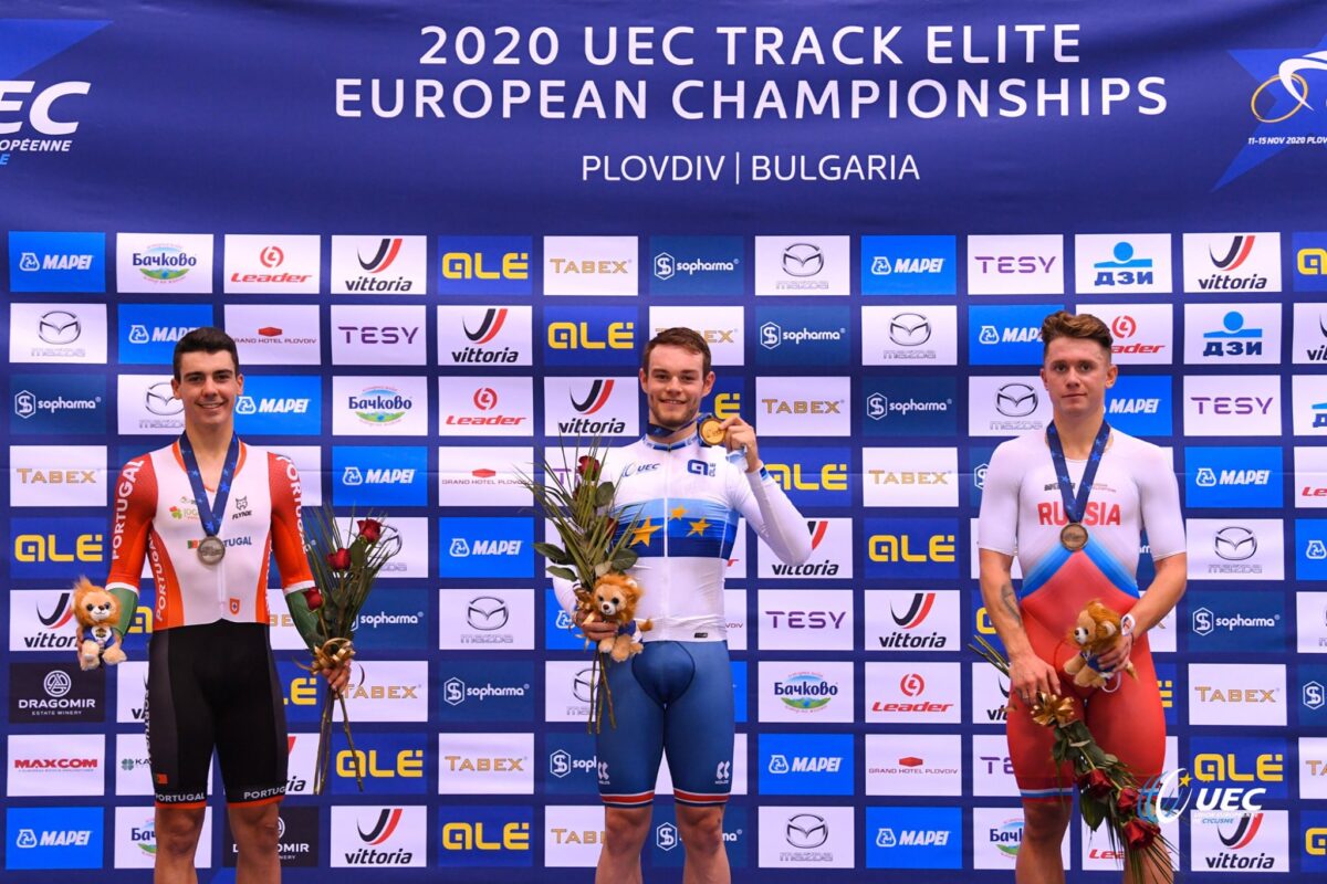 Il podio del Campionato Europeo Eliminazione 2020 a Plovdiv (foto UEC/BettiniPhoto)