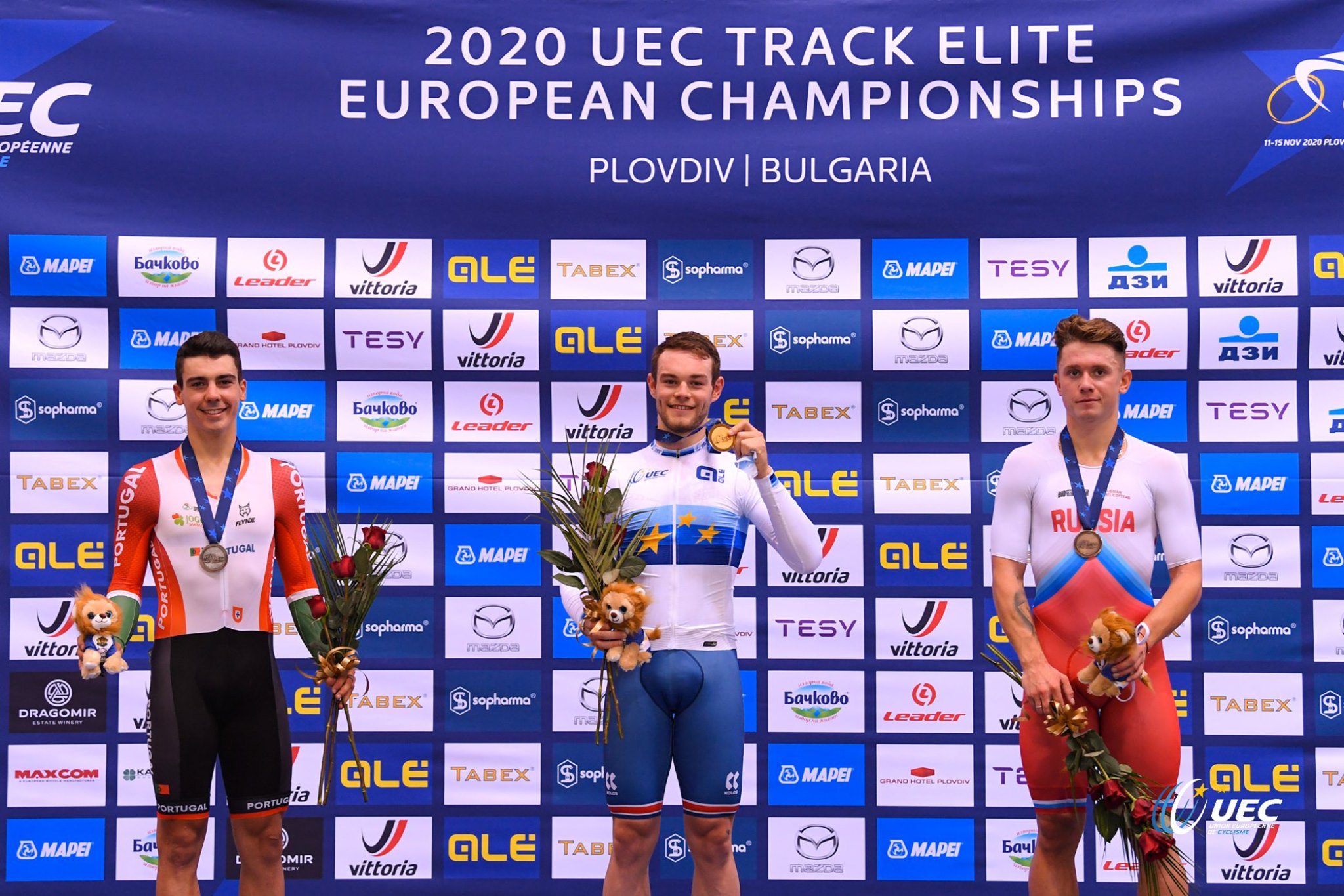 Il podio del Campionato Europeo Eliminazione 2020 a Plovdiv (foto UEC/BettiniPhoto)