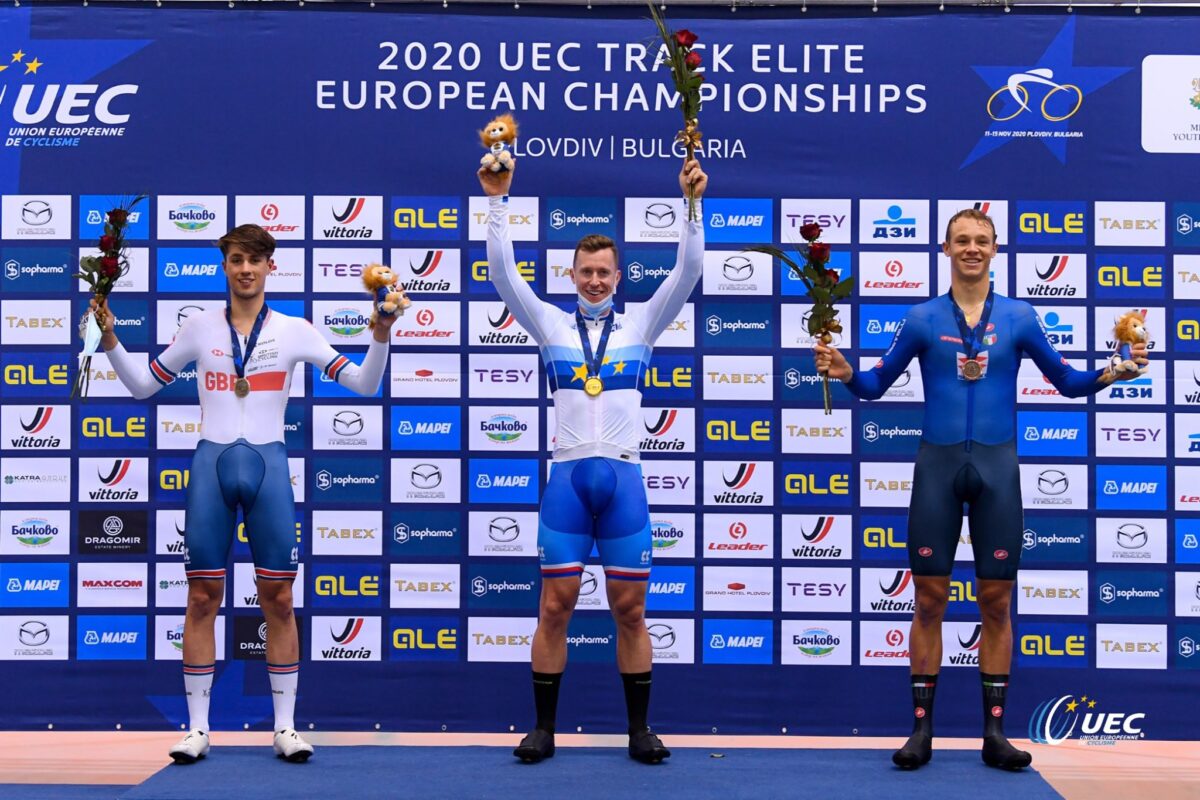 Il podio del Campionato Europeo Pista Km maschile Elite (foto UEC/BettiniPhoto)