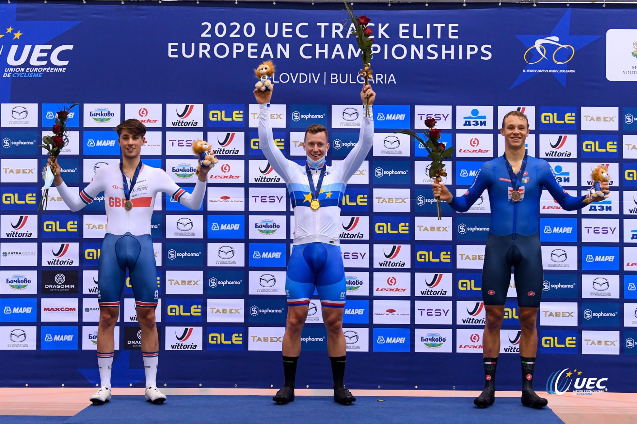 Il podio del Campionato Europeo Pista Km maschile Elite (foto UEC/BettiniPhoto)