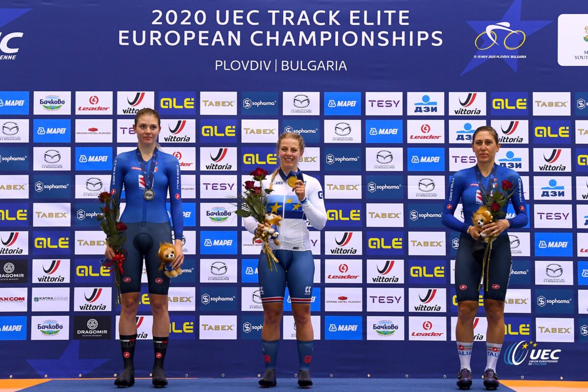Il podio del Campionato Europeo Inseguimento Donne Elite (foto UEC/BettiniPhoto)
