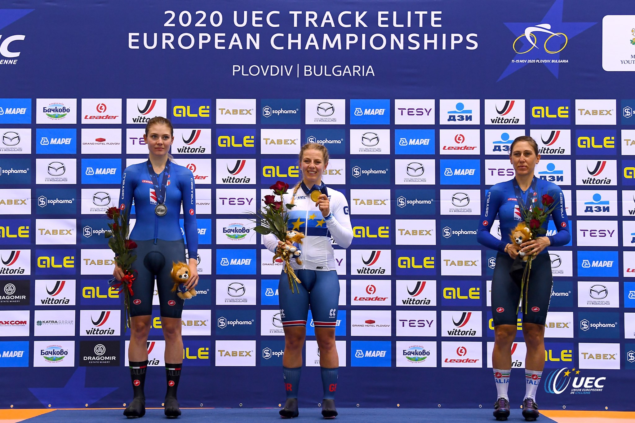 Il podio del Campionato Europeo Inseguimento Donne Elite (foto UEC/BettiniPhoto)
