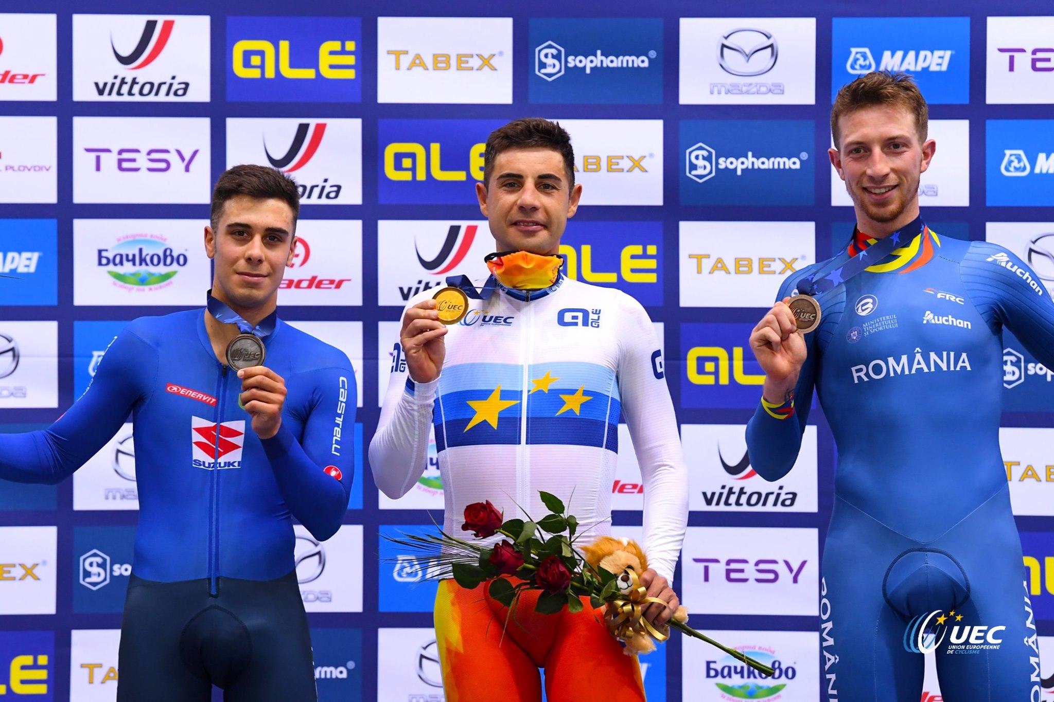 Il podio del Campionato Europeo Corsa a punti Elite 2020 (foto UEC/BettiniPhoto)