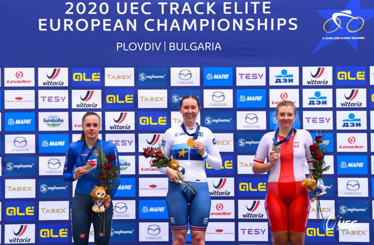 Il podio del Campionato Europeo Corsa a punti Donne Elite 2020 (foto UEC/BettiniPhoto)