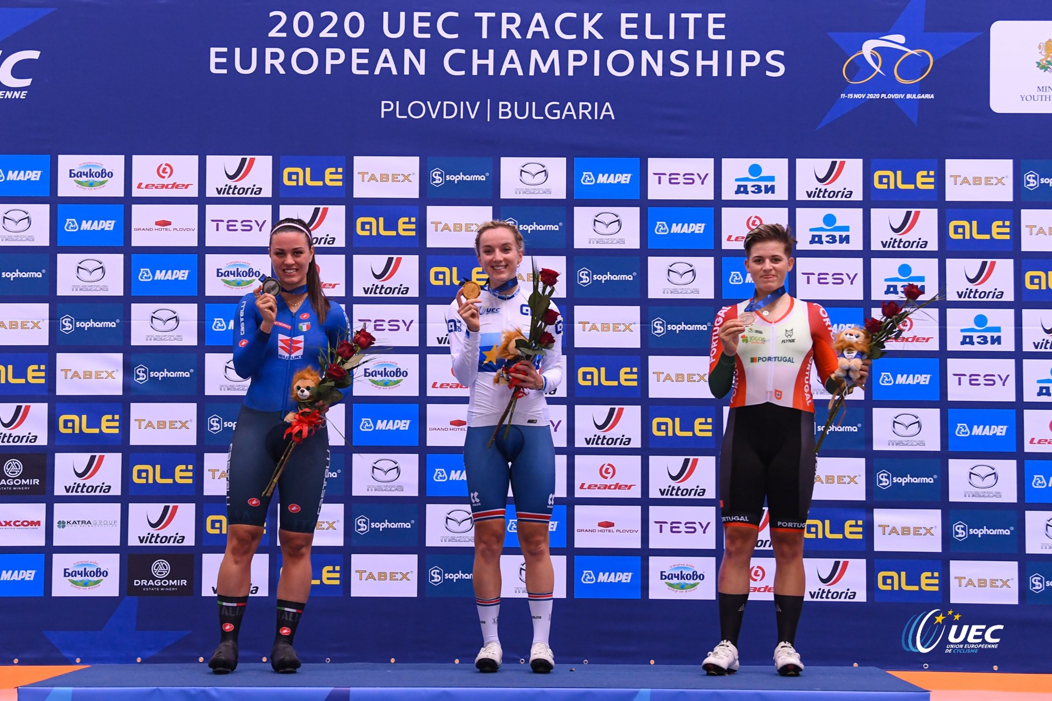 Il podio del Campionato Europeo Eliminazione Donne Elite (foto UEC/BettiniPhoto)