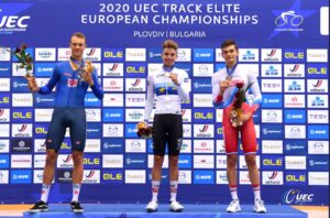 Il podio del Campionato Europeo Corsa a punti Elite 2020 (foto UEC/BettiniPhoto)